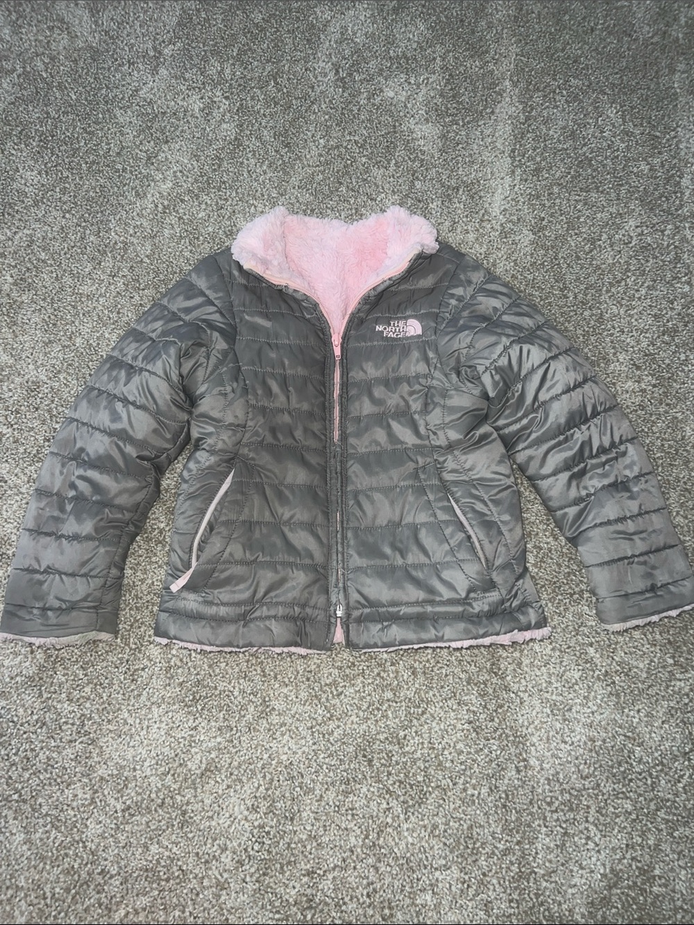 The North Face Gray Puffer Jacket with Pink Faux-Fur Lining